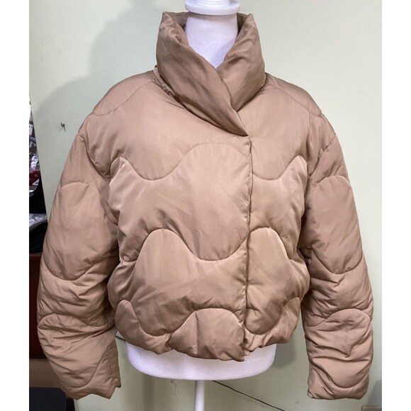 Elodie Women's Tan Size S Double Snap Closure Lined Pockets Cropped Puffer Coat - Picture 1 of 13